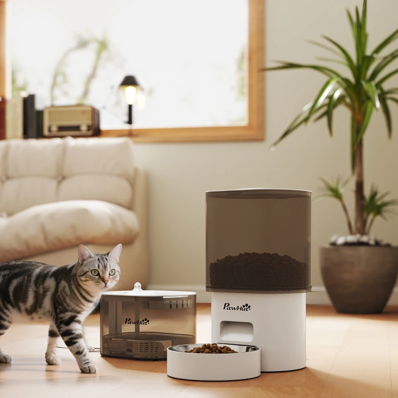 PawHut Dispensador de Comida para Gatos y Perros de 3L con Control de App 1-10 Comidas al Día Filtros Luz LED con Cable o Pilas