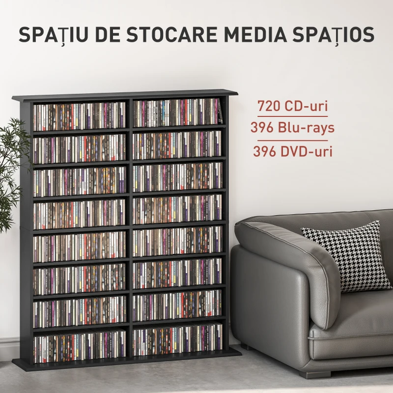 HOMCOM Mobilier Bibliotecă cu 16 Rafturi pentru 720 CD-uri din Lemn 106.5x24x126.3 cm Negru