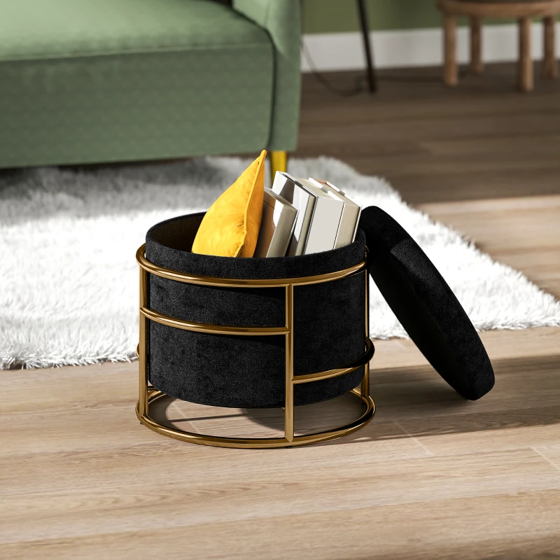 HOMCOM Pouf con Spazio di Archiviazione, Pouf Imbottito, Telaio in Metallo, Dorato, Nero