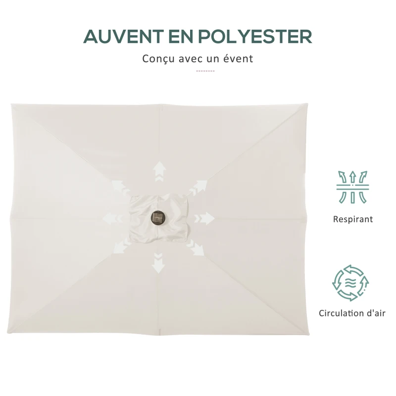 Outsunny Parasol de jardin parasol droit 3 x 2 m lumineux rectangulaire inclinable parasol LED solaire acier polyester crème