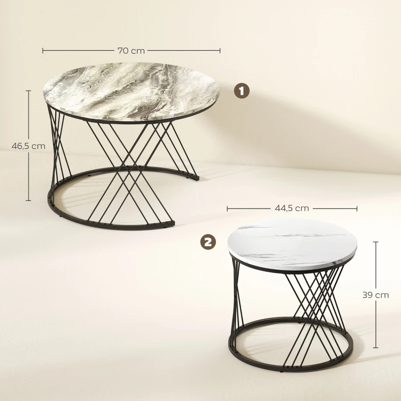 HOMCOM Juego de 2 Mesas Nido Mesas de Centro para Salón Redondas con Tablero con Diseño de Mármol Gris y Blanco
