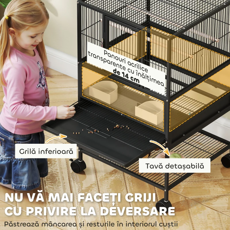 PawHut Cușcă pentru Păsări cu Roți cu Raft Inferior, Tavă și Grilă Negru