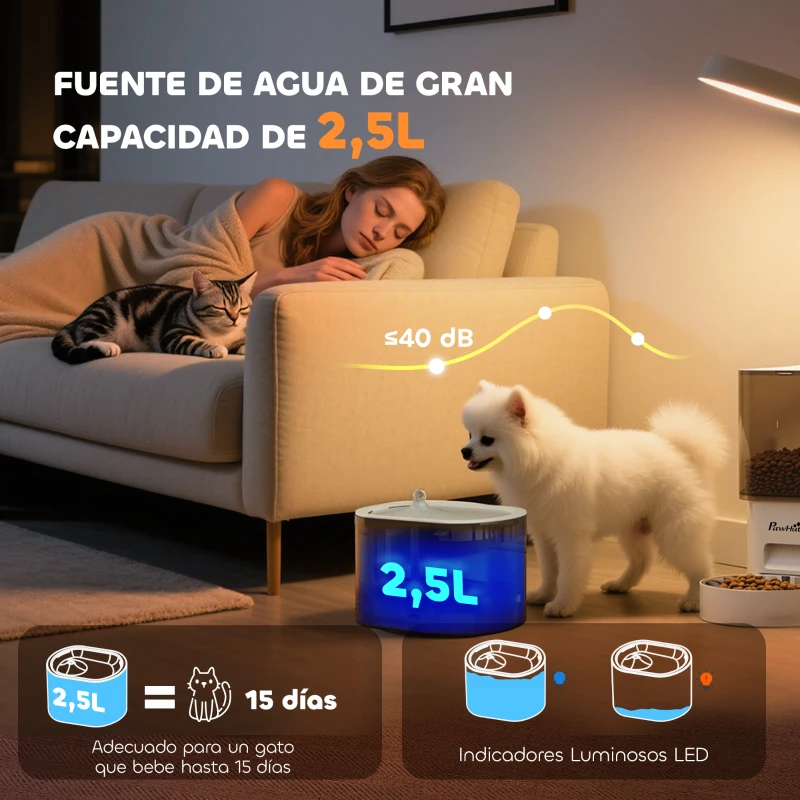 PawHut Dispensador de Comida para Gatos y Perros de 3L con Control de App 1-10 Comidas al Día Filtros Luz LED con Cable o Pilas