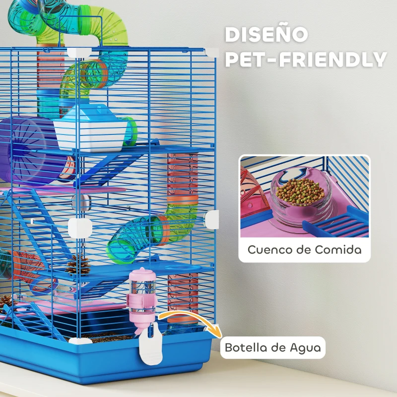 PawHut Jaula de Hámster con Túnel Plataformas Cuenco Bebedero Casita Rampas y Rueda de Ejercicio 46x30x58 cm Azul