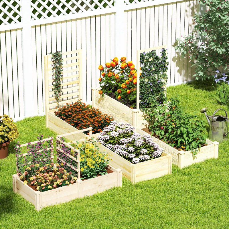 Outsunny Letto per Orto con 3 Tralicci e 2 Fioriere in Legno di Abete con Fondo Aperto, 119x62.5x64 cm, color Legno