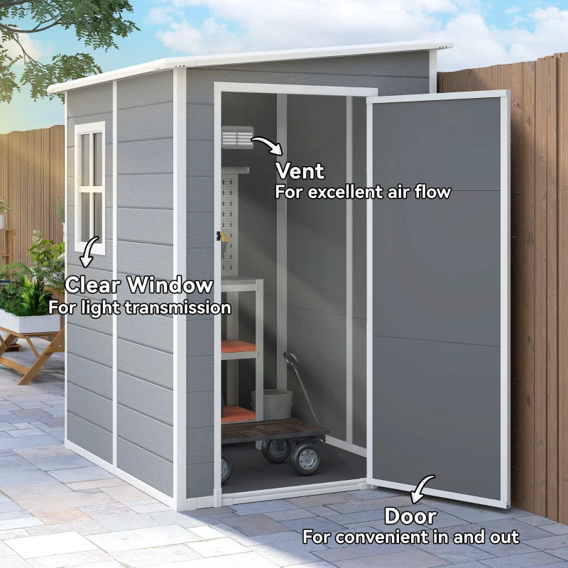 Outsunny 4 x 5FT Plastic Garden Shed with Floor, Lean to Shed, Lockable Tool Storage House with Window, Vent and Plastic Roof, Grey