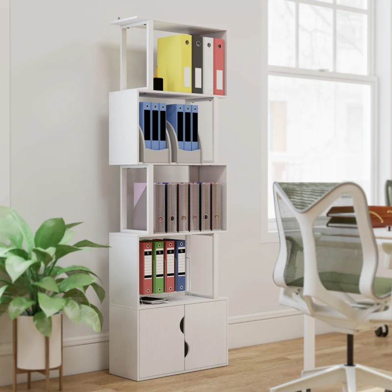 HOMCOM Bücherregal mit 5 Ebenen, Aufbewahrungsmöbel mit Regalen und doppeltem Türschrank, 60 x 23,8 x 179,2 cm, Weiß