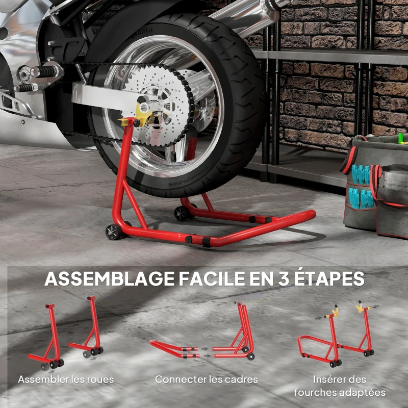 HOMCOM Bloque roue de moto pour pneu arrière capacité 544 kg avec fourches réglables en U et L en acier 58,5x34,5x69 cm rouge