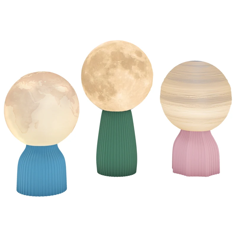 HOMCOM Juego de 3 Lámparas de Mesita de Noche 3D con 3 Colores Brillo Ajustable en 10 Niveles Conexión USB Blanco