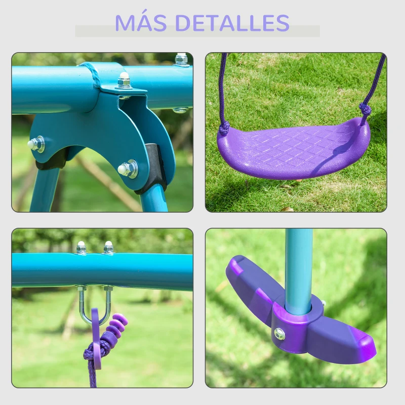 Outsunny Juego de Columpios de Jardín de Metal con Altura Ajustable 2 Columpios y Balancín 280x140x176 cm Morado y Azul