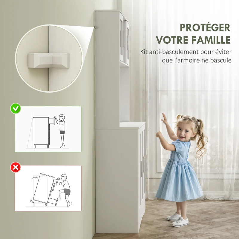 HOMCOM Armoire de cuisine scandinave avec placards, compartiments ouverts, portes vitrées et plan de travail, blanc