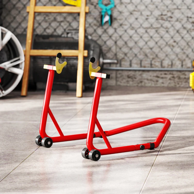 HOMCOM Bloque roue de moto pour pneu arrière capacité 544 kg avec fourches réglables en U et L en acier 58,5x34,5x69 cm rouge