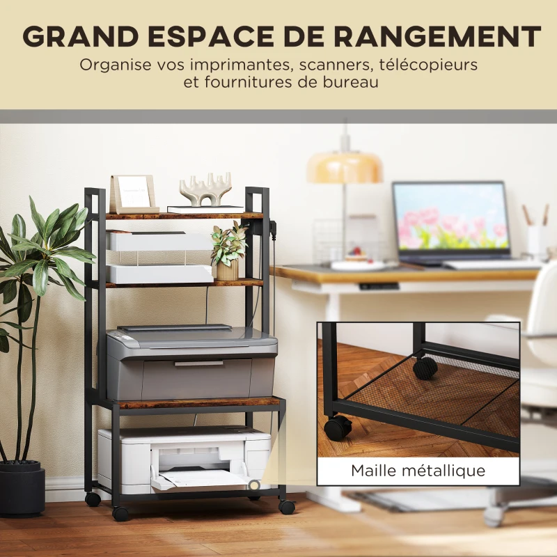HOMCOM Support d'imprimante 4 niveaux avec prises de courant, roulettes et étagères de rangement, cadre en métal, brun rustique