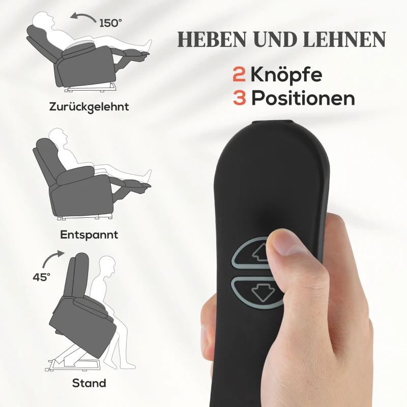 HOMCOM Fernsehsessel mit Massage- und Wärmefunktion, Elektrischer Aufsteh-Sessel, Fernbedienung, Seitentaschen, Grau(m-4)