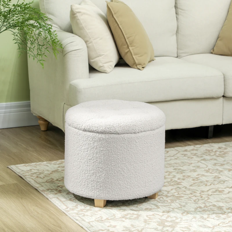 HOMCOM Pouf coffre rangement, tabouret rond, pouf repose-pieds en tissu bouclette, charge 120 Kg, Ø 45 x 41 cm, blanc