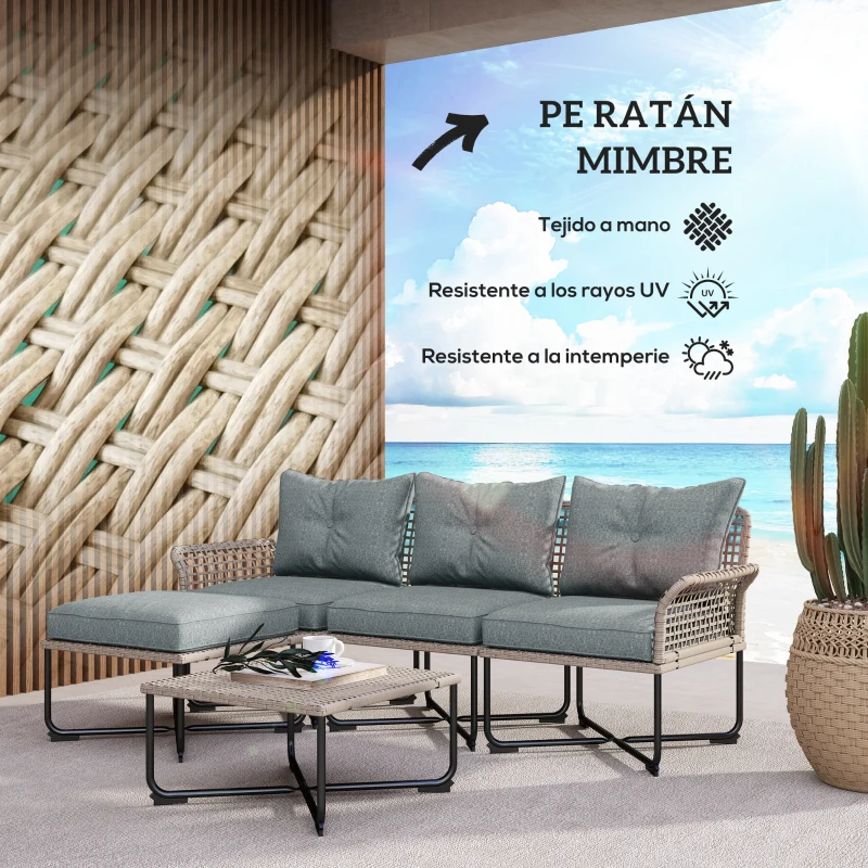 Outsunny Conjunto de Jardín de Ratán Sintético con Sofá de Exterior de 4 Módulos y 1 Mesa de Centro y Cojines Gris
