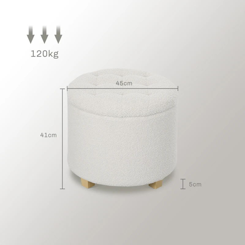 HOMCOM Pouf coffre rangement, tabouret rond, pouf repose-pieds en tissu bouclette, charge 120 Kg, Ø 45 x 41 cm, blanc