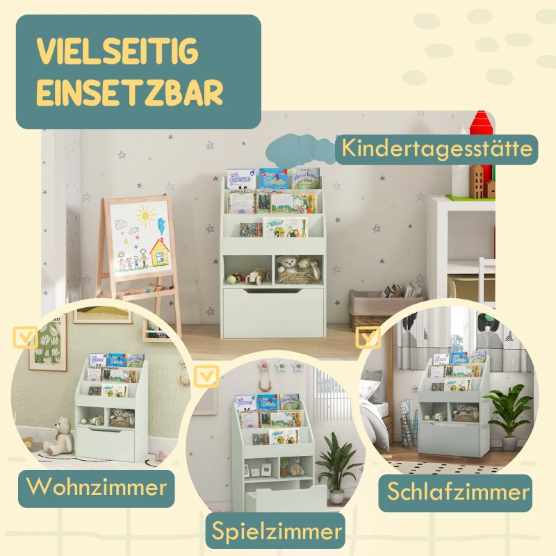 HOMCOM Kinderrek met Lade, Boekenrek met Vakken, 60 x 29,9 x 90 cm, Groen(m-7)
