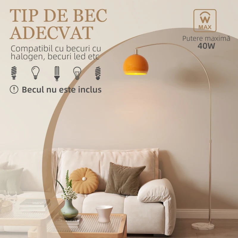 HOMCOM Lampă de Podea cu Arc cu Întrerupător cu Pedală Alb și Portocaliu