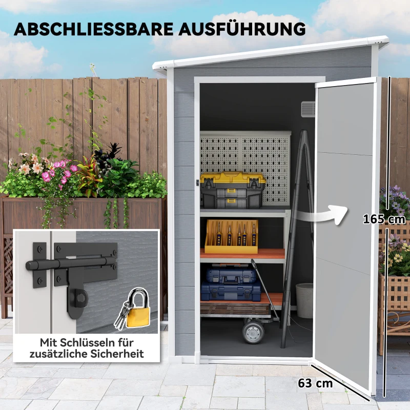 Outsunny Geräteschuppen, Tür mit Schloss, Fenster für Tageslicht & Belüftung, Aluminium, 122 x 149 x 192/177 cm Grau(m-6)