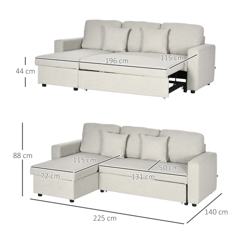 HOMCOM Ecksofa mit Bettfunktion, Eckcouch inklusive 2er-Sitz Sofa, Einzelbett, L-Form mit Stauraum, 2 Kissen Cremeweiß(m-3)