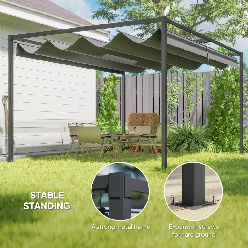 Outsunny 4 x 3(m) Metal Outdoor Pergola with Retractable Roof, Outdoor Gazebo with Drainage Holes for Garden, Patio, Lawn, Grey