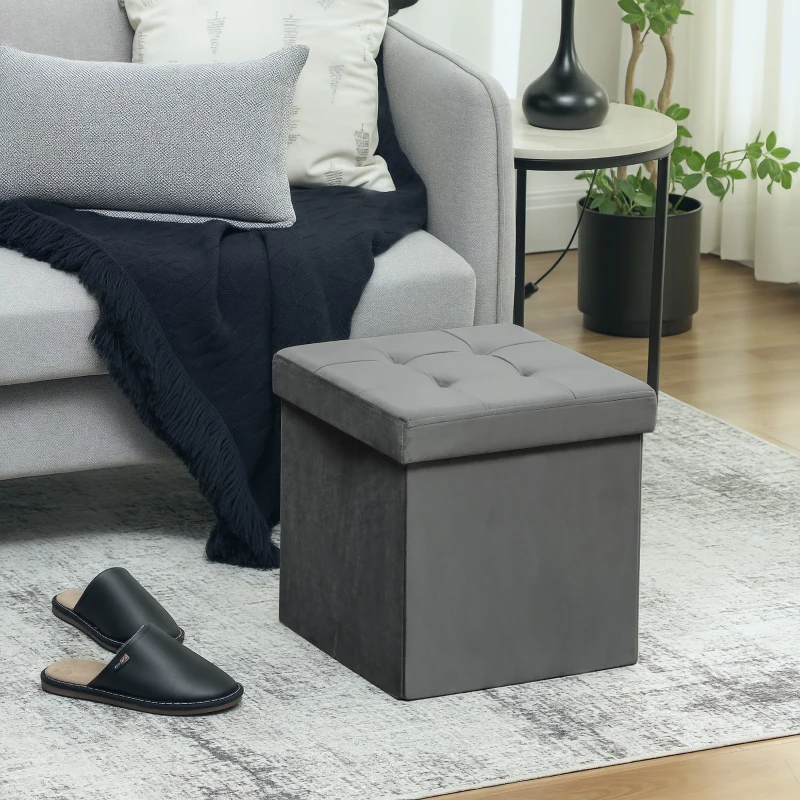 HOMCOM Pouf coffre rangement pliable, tabouret carré 37,6 L en tissu velours, charge 120 Kg, 38 x 38 x 38 cm, gris