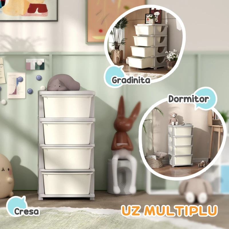 HOMCOM Comodă din Plastic Colorat cu 4 Sertare Nuanță Crem 37x37x76cm