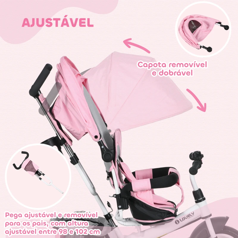 HOMCOM Triciclo para Bebés Evolutivo com Capota Dobrável Guiador Telescópico e Removível Bolsa e Porta-Garrafas 102x49x102 cm Rosa