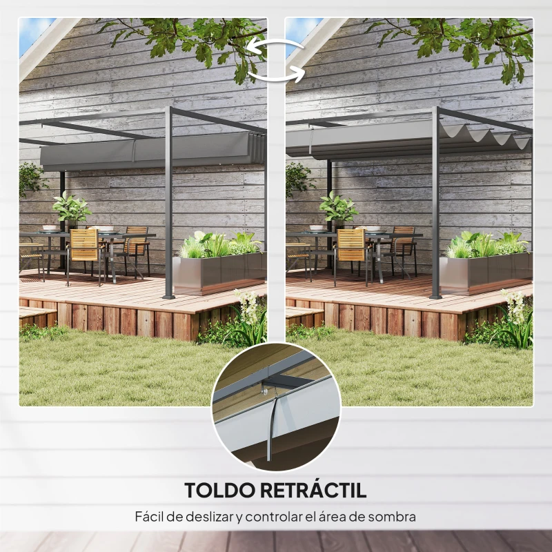 Outsunny Pérgola de Jardín 4x3m Cenador de Techo Retráctil de Poliéster Recubrimiento Resistente para Celebraciones Gris Oscuro
