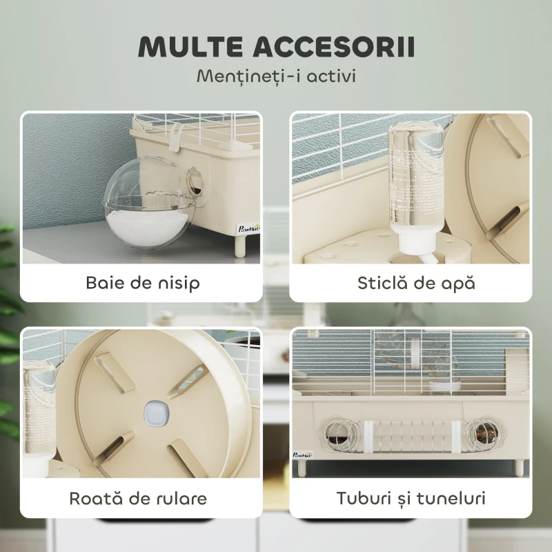 PawHut Cușcă pentru Hamsteri cu 2 Niveluri și 3 Uși, cu Roată și Tuburi, Crem și Alb