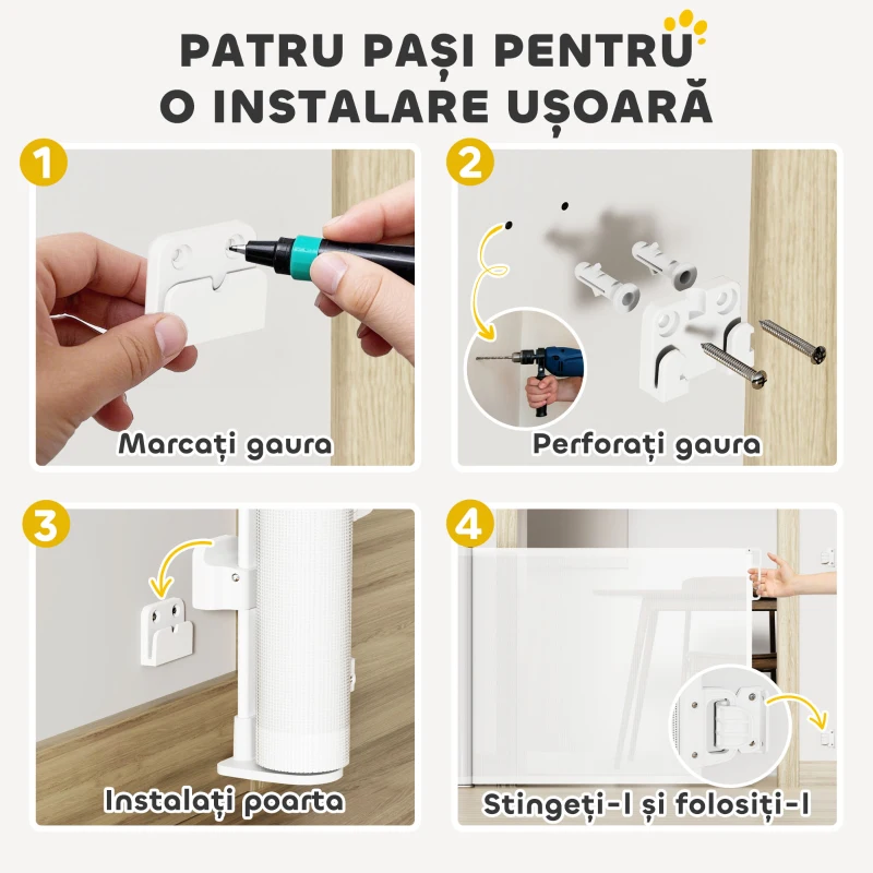 PawHut Gard Extensibil pentru Câini 0-140x86.5cm cu Blocare Automată Alb