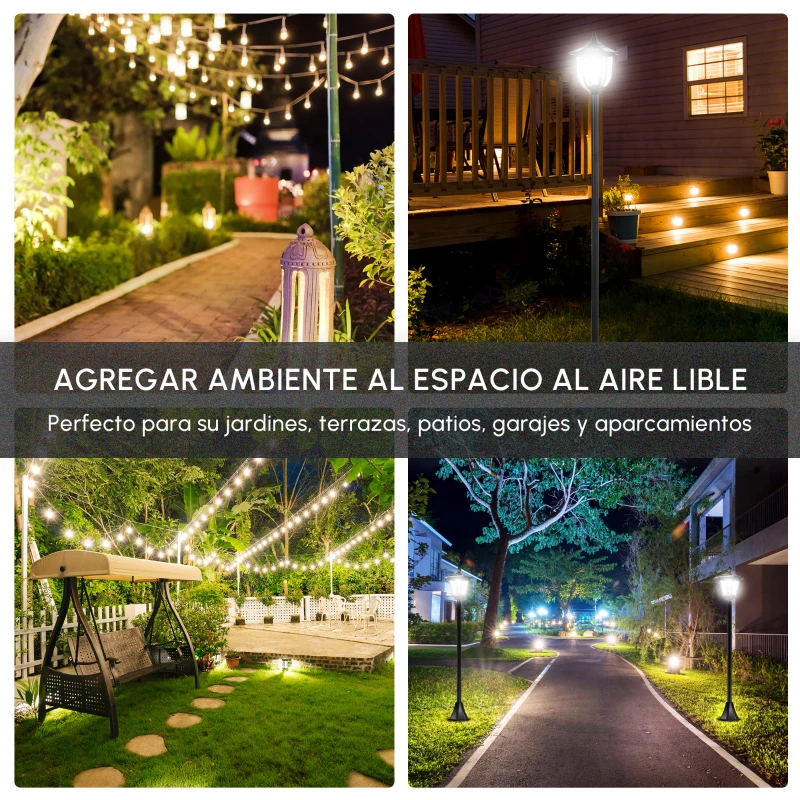 Outsunny Farola Solar para Jardín con Panel Solar Encendido Automático y Marco de Acero Inoxidable 18x18x160 cm Negro