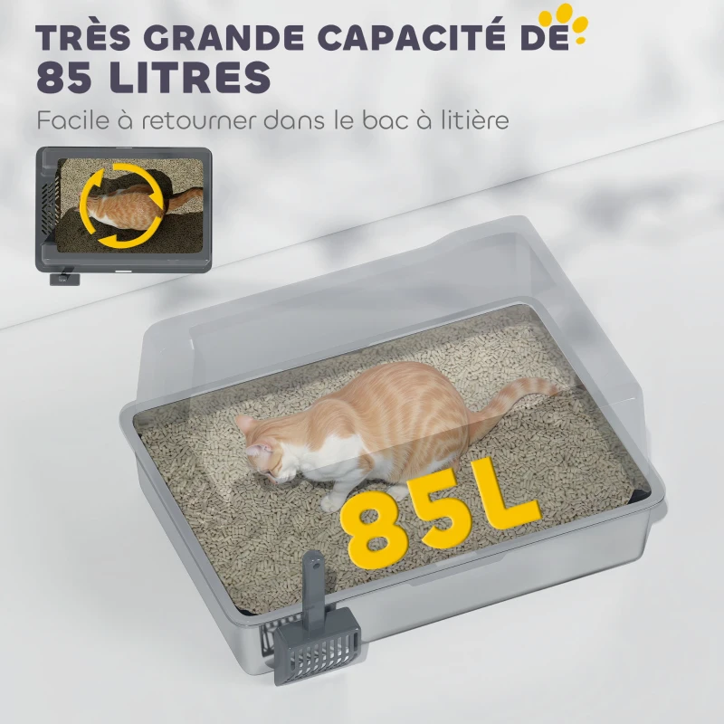 PawHut Bac à litière pour chat en acier inoxydable 85L grande capacité maison de toilette semi-fermée, 71 x 50,8 x 35,5 cm gris