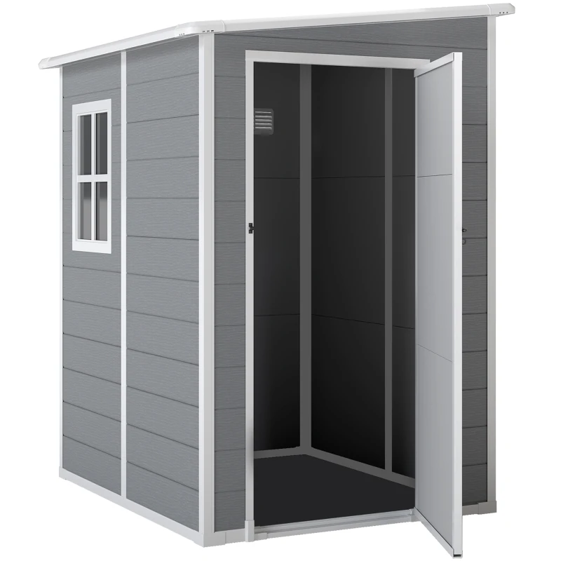 Outsunny 4'x5' Garden Storage Shed, Lean to Shed, Lockable Garden Shed with Window, Vent and Plastic Roof, Grey
