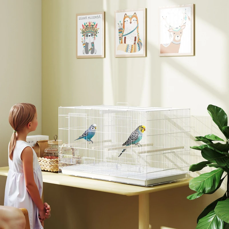 PawHut Bird Cage with Divider, 4 Wooden Perches, Slide Out Tray, 4 Feeders, for Budgie, Lovebird, Canary, 76 x 46 x 46cm, White