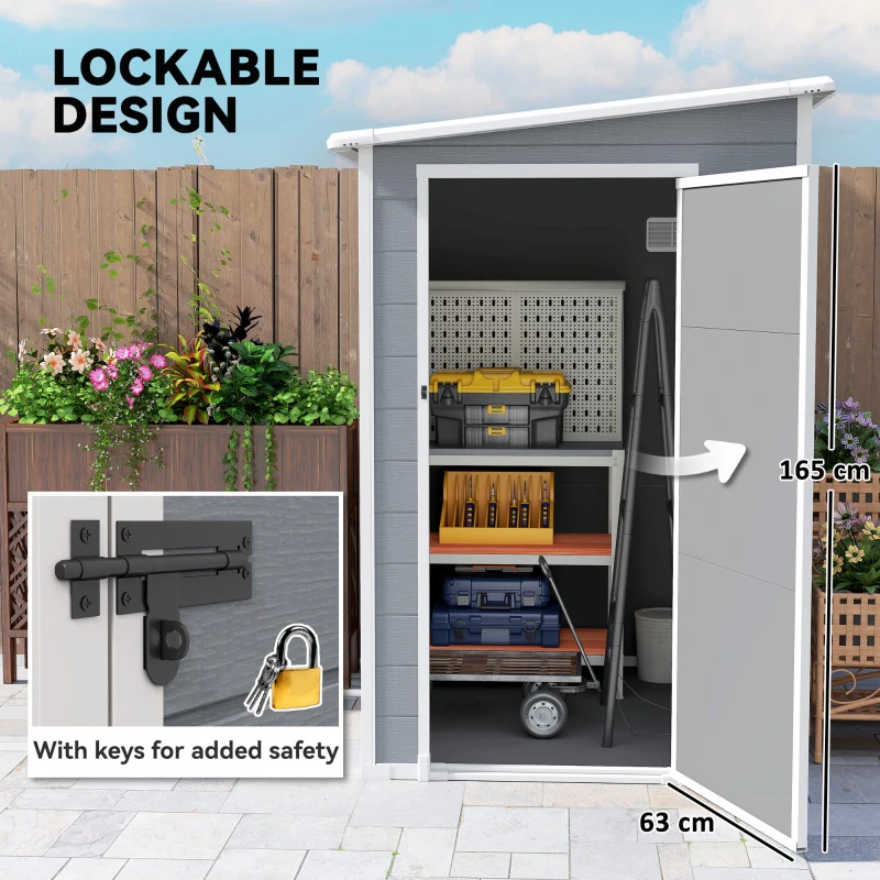 Outsunny 4 x 5FT Plastic Garden Shed with Floor, Lean to Shed, Lockable Tool Storage House with Window, Vent and Plastic Roof, Grey