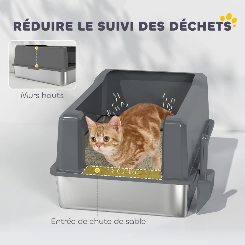 PawHut Bac à litière pour chat en acier inoxydable 85L grande capacité maison de toilette semi-fermée, 71 x 50,8 x 35,5 cm gris