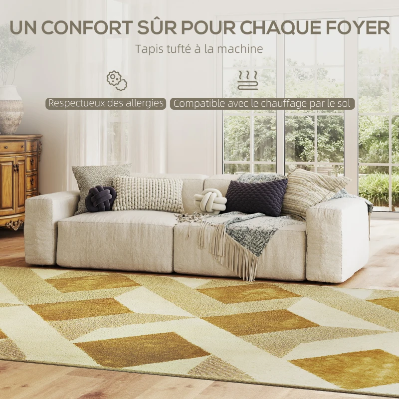 HOMCOM Tapis salon 230 x 160 cm poils courts lavable en machine hypoallergénique pour salon, chambre à coucher, bureau, jaune