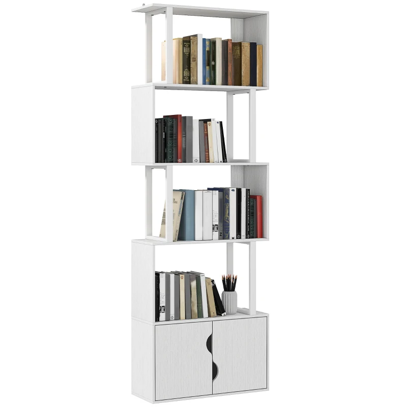 HOMCOM Librería de 5 Niveles en Forma de S con 5 Estantes y 2 Puertas para Sala de Estar Oficina 60x23,8x179,2 cm Blanco
