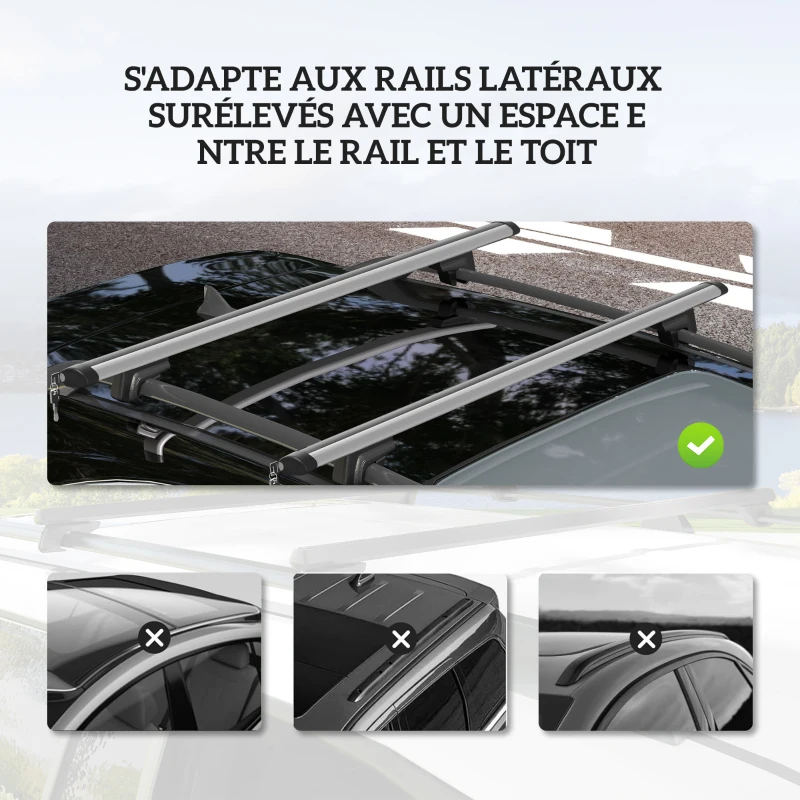 HOMCOM Barres de toit de voiture transversales porte-bagage verrouillables 2 clés fournies alliage d'aluminium 123,5 x 5,5 x 7 cm argenté et noir