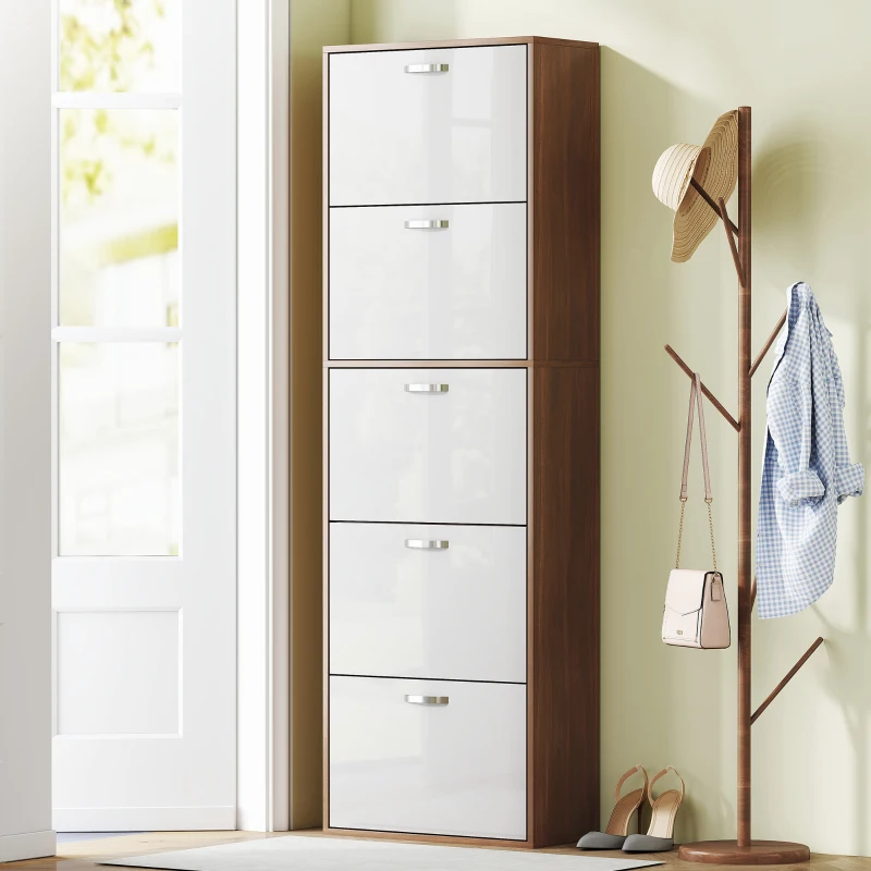 HOMCOM Scarpiera Slim a 5 Livelli con 2 Ripiani per Livello, in MDF, 60x28x189 cm, Bianco e Marrone