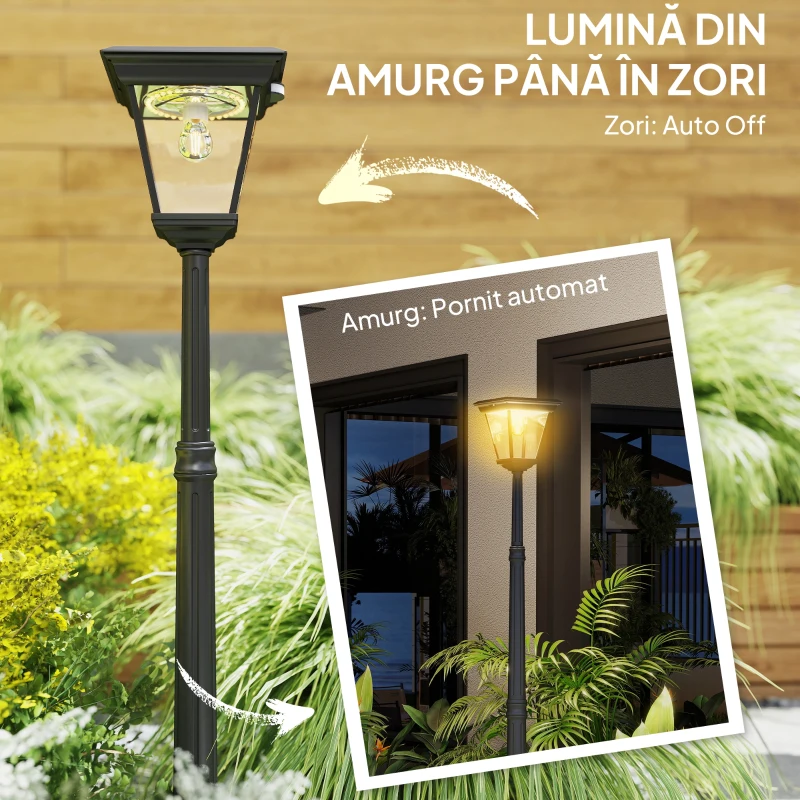 Outsunny Lampadar de Exterior cu Energie Solară cu Senzor PIR Negru