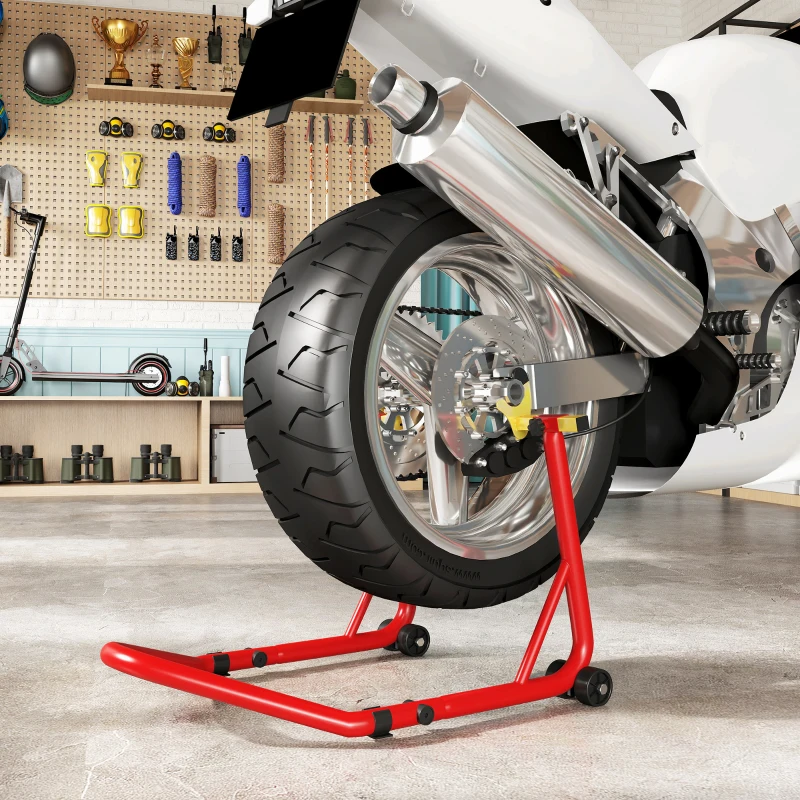 HOMCOM Bloque roue de moto pour pneu arrière capacité 544 kg avec fourches réglables en U et L en acier 58,5x34,5x69 cm rouge