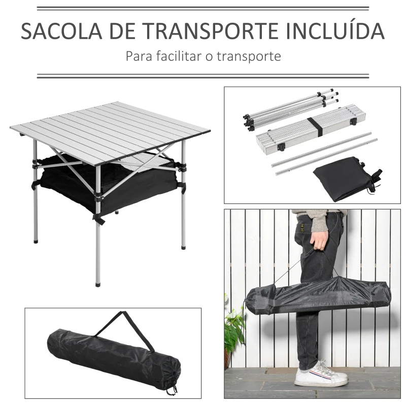 Outsunny Mesa Dobrável de Campismo Mesa de Piquenique com Armazenamento e Bolsa de Transporte 70x70x69 cm Prata e Preto