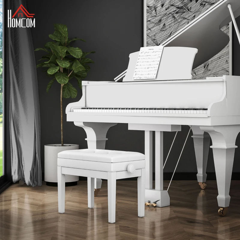 HOMCOM Banca per Piano con Altezza Regolabile da 48 a 58 cm Spazio di Archiviazione Gambe in Legno Bianco