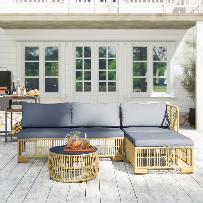 Outsunny Set Salotto in Rattan da Giardino con Divano Modulabile, Cuscini e Tavolino da Caffè, Grigio