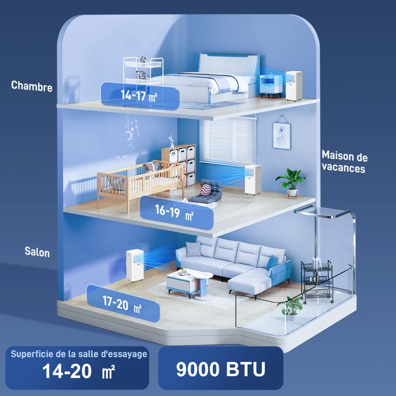 HOMCOM Climatiseur mobile 9000 BTU/H 4 en 1 refroidissement, ventilateur, déshumidificateur minuterie 24H télécommande, blanc