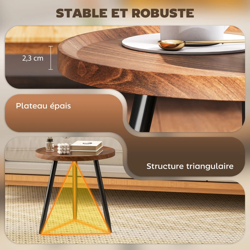HOMCOM Table basse salon ronde, table d'appoint moderne avec cadre en acier, pour salon, chambre, Ø 40 x 39 cm, bois de noyer