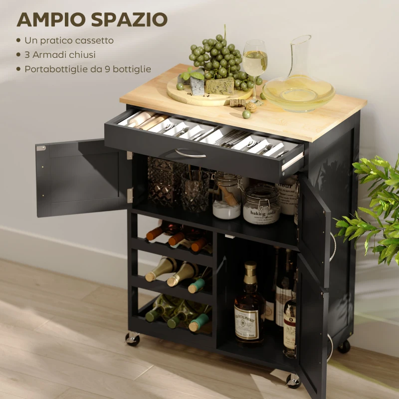 HOMCOM Carrello da Cucina in Legno con Portabottiglie, 3 Ante e Cassetto, 67x37x87 cm, Nero e Rovere